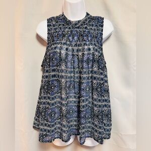 Lucky Brand Top Size Medium Blue Raw Hem Neck Sheer Sleeveless Blouse‎ Womens